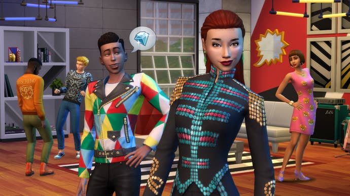 A group of Sims wearing Moschino-branded clothing and discussing their wealth in The Sims 4.