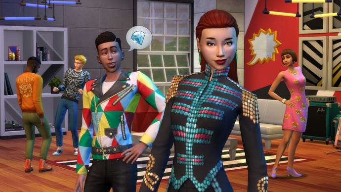 A group of Sims wearing Moschino-branded clothing and discussing their wealth in The Sims 4.