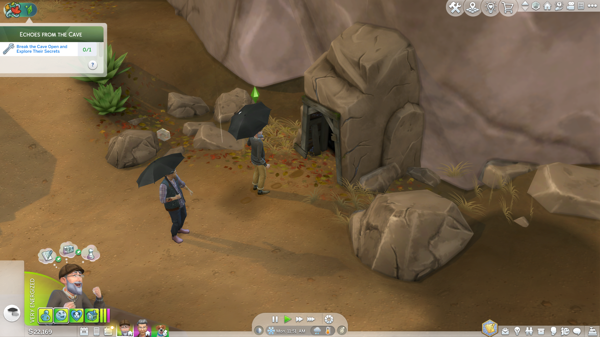 Two Elderly male Sims examine the boarded-up entrance to a tucked-away cave in a desert park area in The Sims 4. - 6