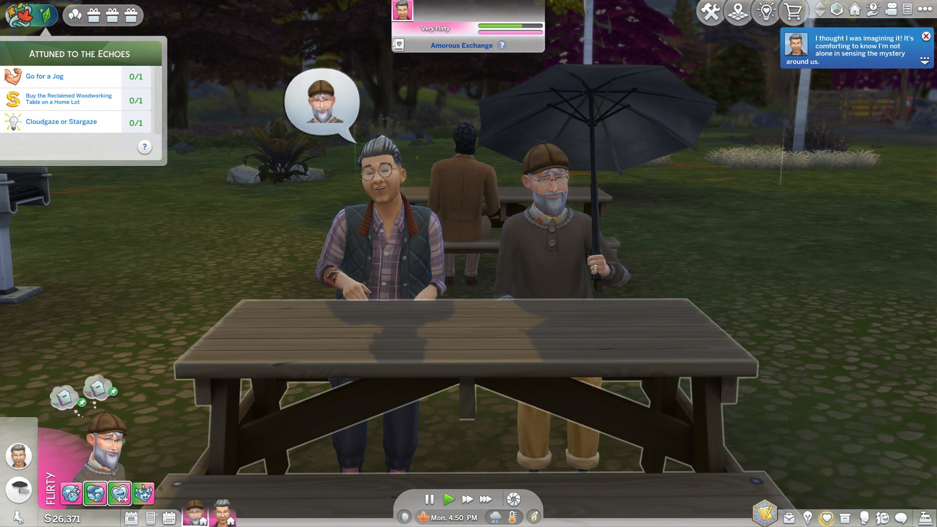 Two elderly male Sims sit at a picnic table and discuss their experiences of hearing voices echoing from the woods as part of The Sims 4's Nature's Calling event. - 3