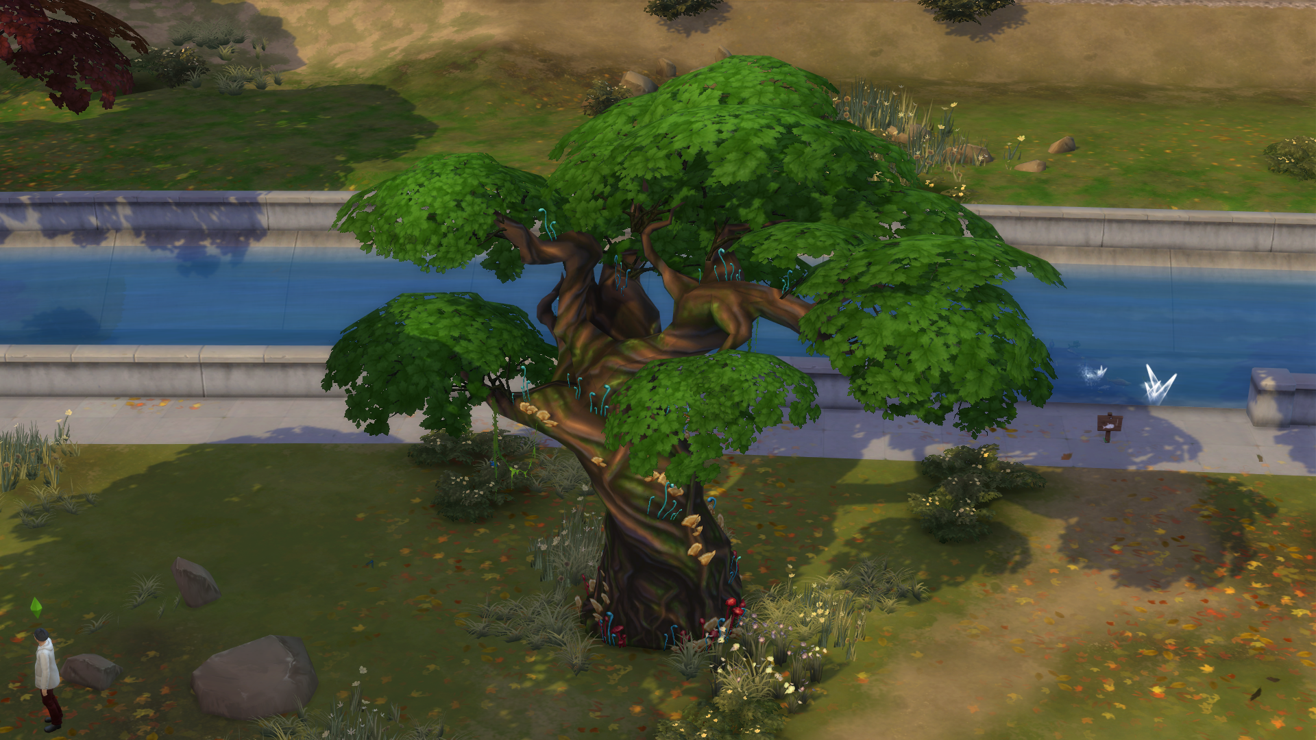 A large, gnarled old tree covered in mushrooms and vivid blue-and-red vines stands against the background of a canal in The Sims 4. - 4