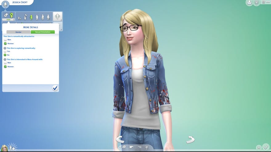 A screenshot of The Sims 4's new sexual orientation options, alongside a female Sim wearing jeans and a denim coat.