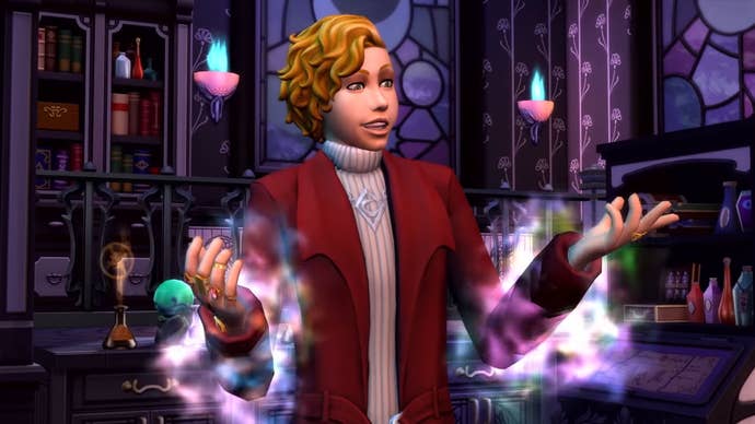 Morgyn Ember smiles happily as magical auras surround their hands in The Sims 4 Realm of Magic.