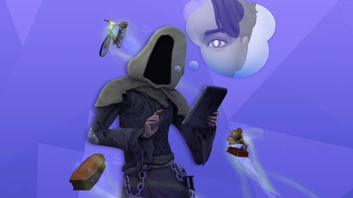 The Grim Reaper checks his phone while surrounded by images of his event rewards (a bicycle, a coffin bed, spooky contact lenses, and a gramophone).
