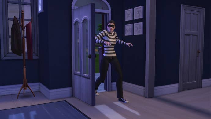 Robin Banks, The Sims 4’s new NPC burglar, tiptoes through the doorway of a suburban family-style home in the moonlight.