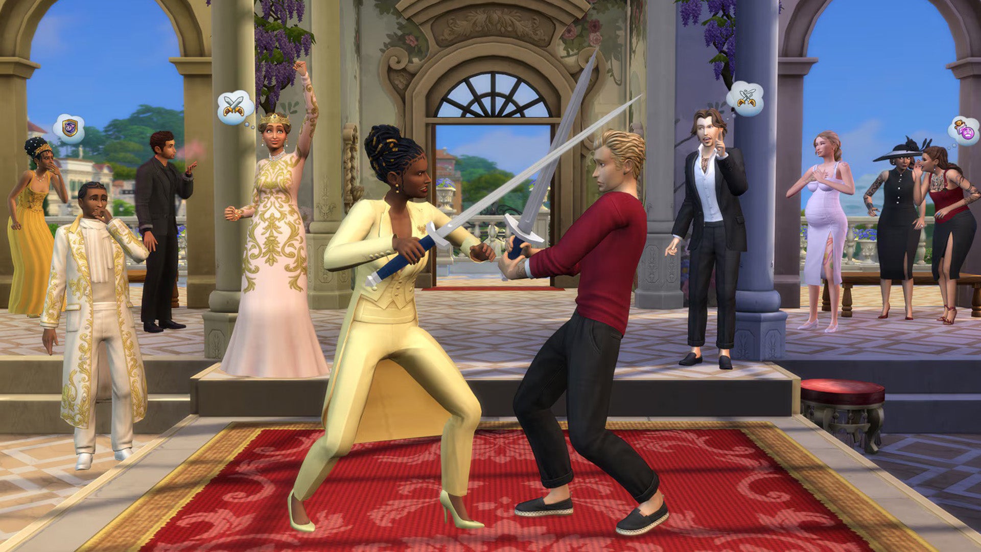 A man and a woman are sword fighting in a fancy lobby in The Sims 4. - 1