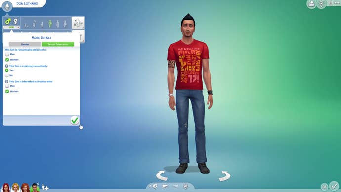 The Sims 4 Create-A-Sim, displaying the sexual orientation customisation tab. From here you can define your Sim’s romantic and sexual attractions, as well as their willingness to experiment.