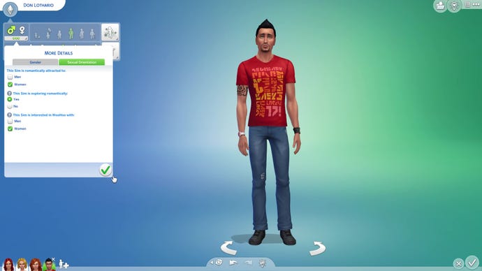The Sims 4 Create-A-Sim, displaying the sexual orientation customisation tab. From here you can define your Sim’s romantic and sexual attractions, as well as their willingness to experiment.
