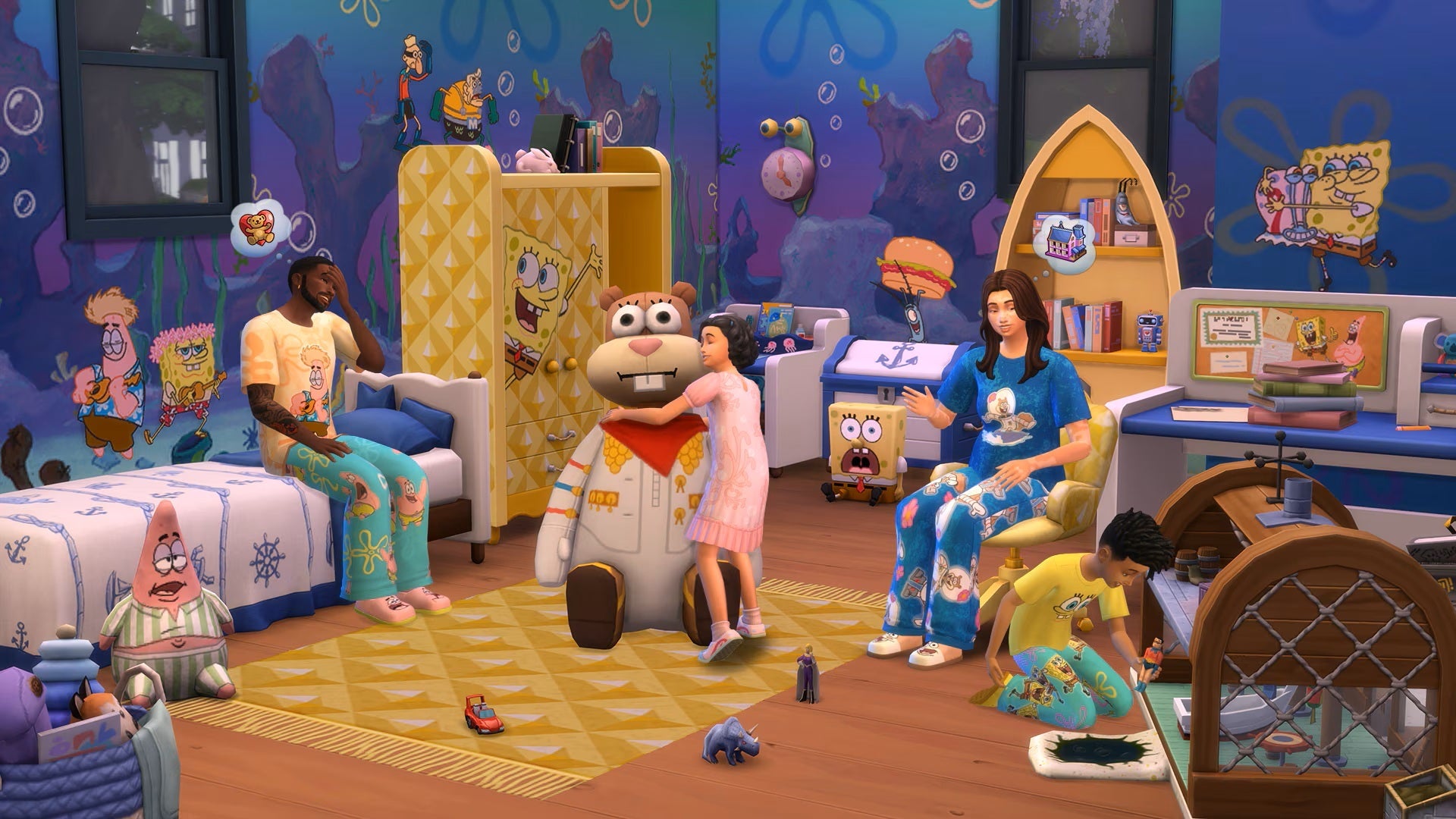 A child's bedroom in The Sims 4 is heavily SpongeBob Squarepants themed, with a family of Sims (parents and two children) conversing and playing with SpongeBob branded toys. - 1