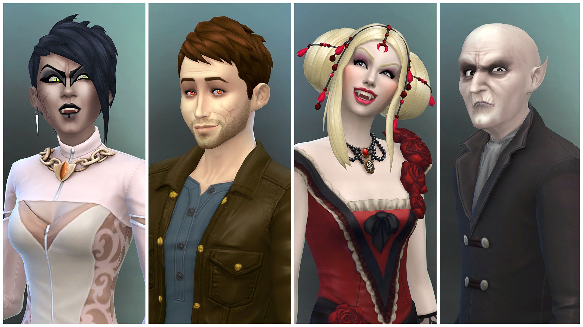 Four vampires from The Sims 4 Vampires showcase in portraits some possible visual styles. Left to right, a monstrous-looking female vampire, a largely ordinary looking male vampire, a gothic-dressed female vampire, and a full-on Nosferatu-esque male vampire. - 5