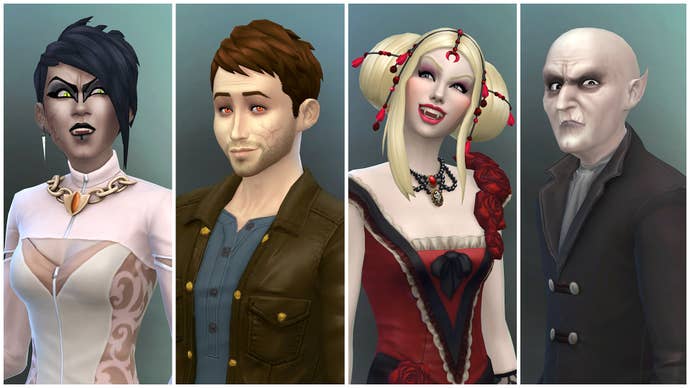 Four vampires from The Sims 4 Vampires showcase in portraits some possible visual styles. Left to right, a monstrous-looking female vampire, a largely ordinary looking male vampire, a gothic-dressed female vampire, and a full-on Nosferatu-esque male vampire.