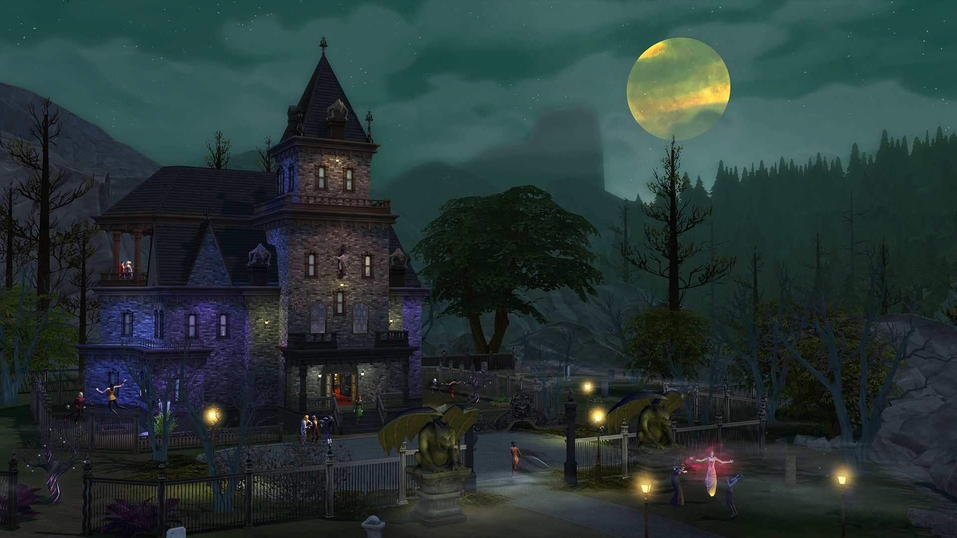 A wide shot of Vlad's moonlit estate in Forgotten Hollow showcases many of the activities vampires can get up to at night in The Sims 4 Vampires. - 3