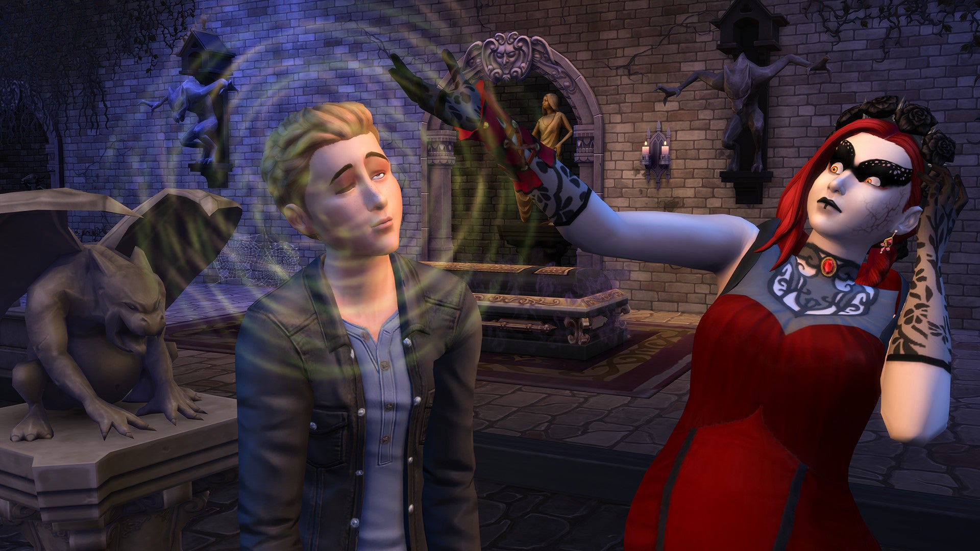 A female vampire mesmerises a human male Sim in a crypt in The Sims 4 Vampires. - 1
