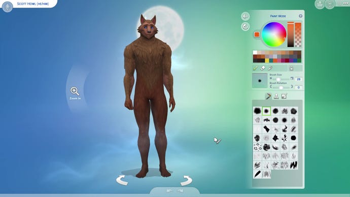 A Beast Form werewolf Sim in The Sims 4's Create-A-Sim, with the paint mode tab open.