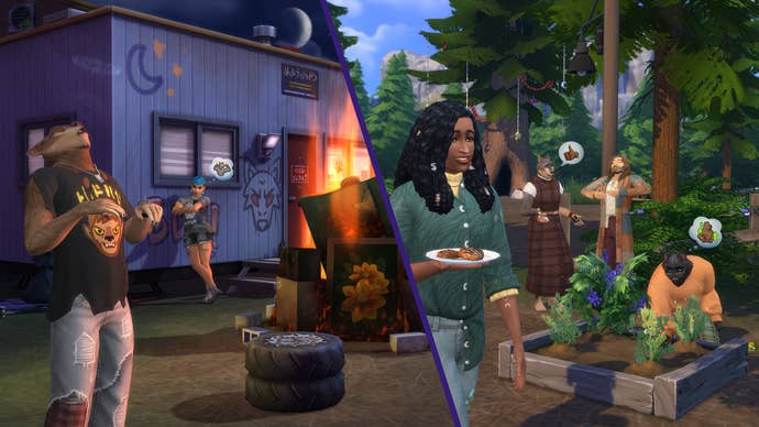 A split-screen effect shows the respective hangouts of the Wildfangs and Moonwood Collective wolf packs in The Sims 4 Werewolves - the left-hand side shows an industrial-looking shed at night, while the right shows a sunny woodland garden.