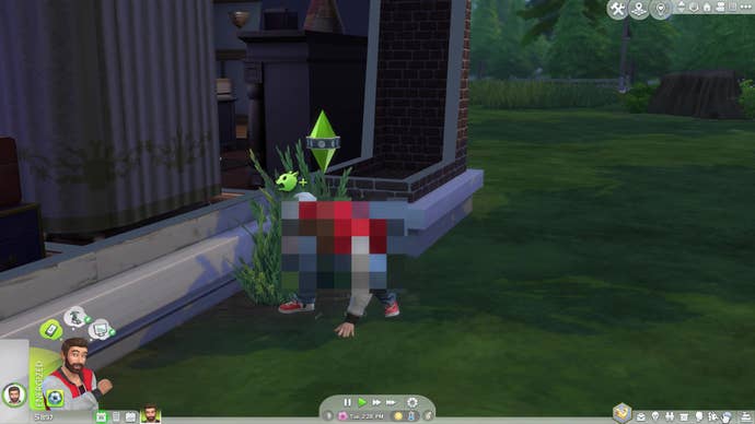 A werewolf Sim “marking his territory” by urinating on his lawn in The Sims 4: Werewolves.