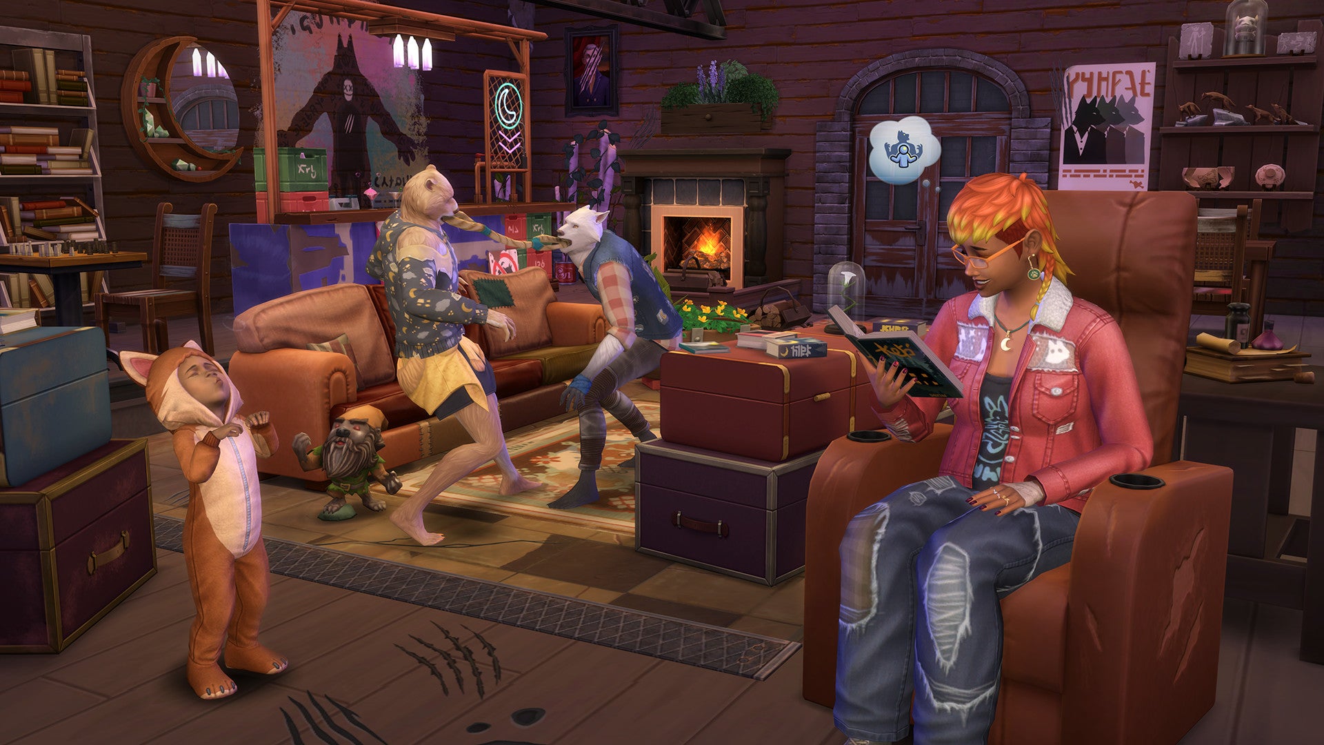 A werewolf pack hangs out in an indoor domestic setting in The Sims 4 Werewolves.