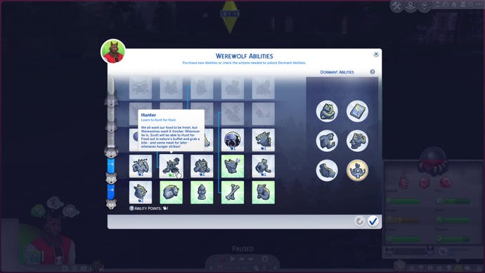 The Werewolf perk tree in The Sims 4: Werewolves, around halfway complete, with the "Hunger" ability highlighted.