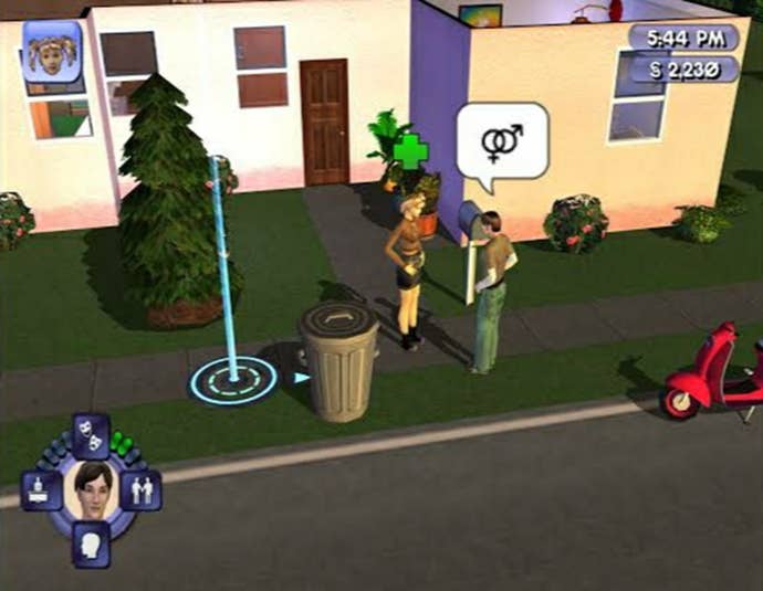 A Sim flirtatiously propositions Mimi Landgraab outside of her house in The Sims Bustin' Out.