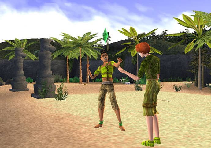 Two Sims in plant-based attire converse on a beach with a backdrop of palm trees and mountains in The Sims 2 Castaway.