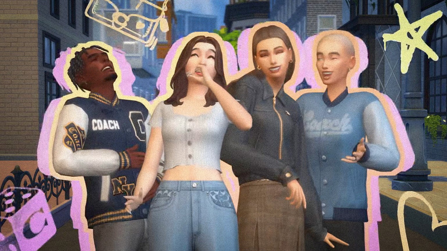 Một nhóm nhân vật trẻ trong The Sims 4 cười và tạo dáng trong trang phục Coach thời thượng