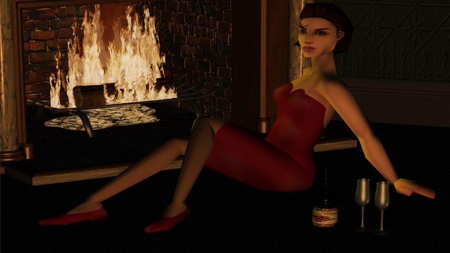A blocky yet attractive female Sim from The Sims 1 stretches out in front of a (definitely not in-engine) glowing fire, with a similarly non-canonical bottle of wine and two glasses next to her.