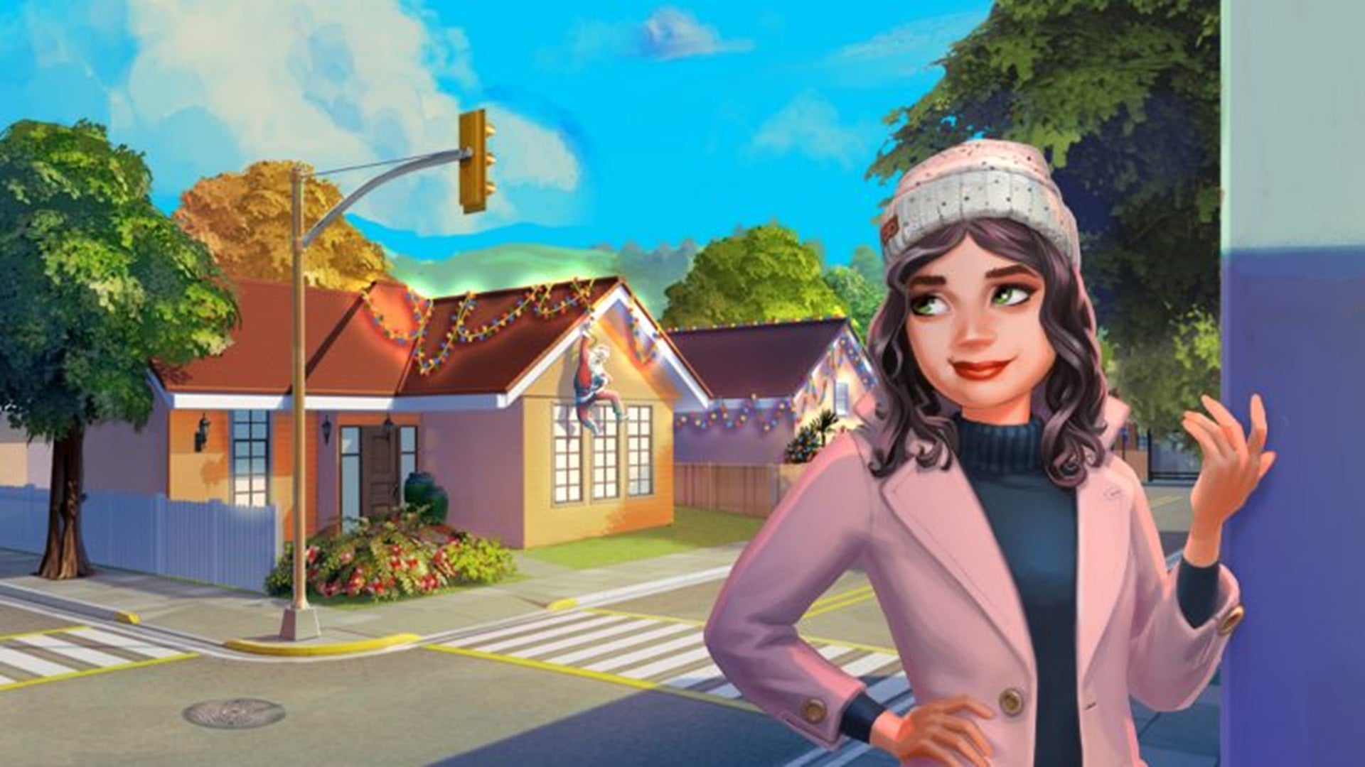 A Sim in a cute beanie and winter coat rolls her eyes at a suburban home behind her. - 6