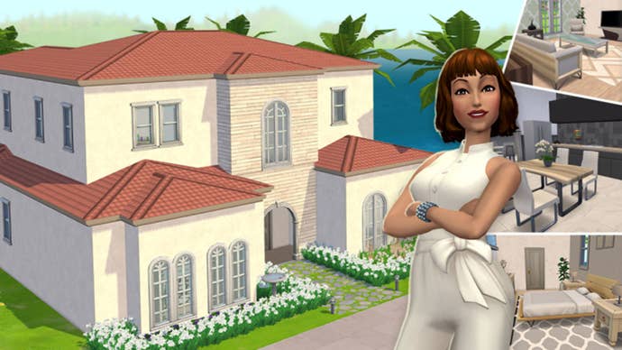 A female Sim with arms crossed looks confidently into the camera against a backdrop of a large Spanish-style mansion.