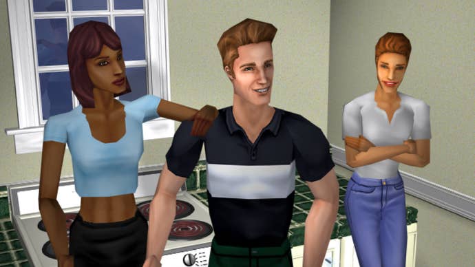 A close-up render of three characters from the original The Sims, socialising together in a kitchen. Two of the Sims are smiling widely enough to show teeth, which mercifully wasn’t a feature in the actual game.
