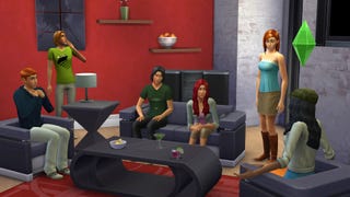 A group of Sims chatting in a modern living room setting.