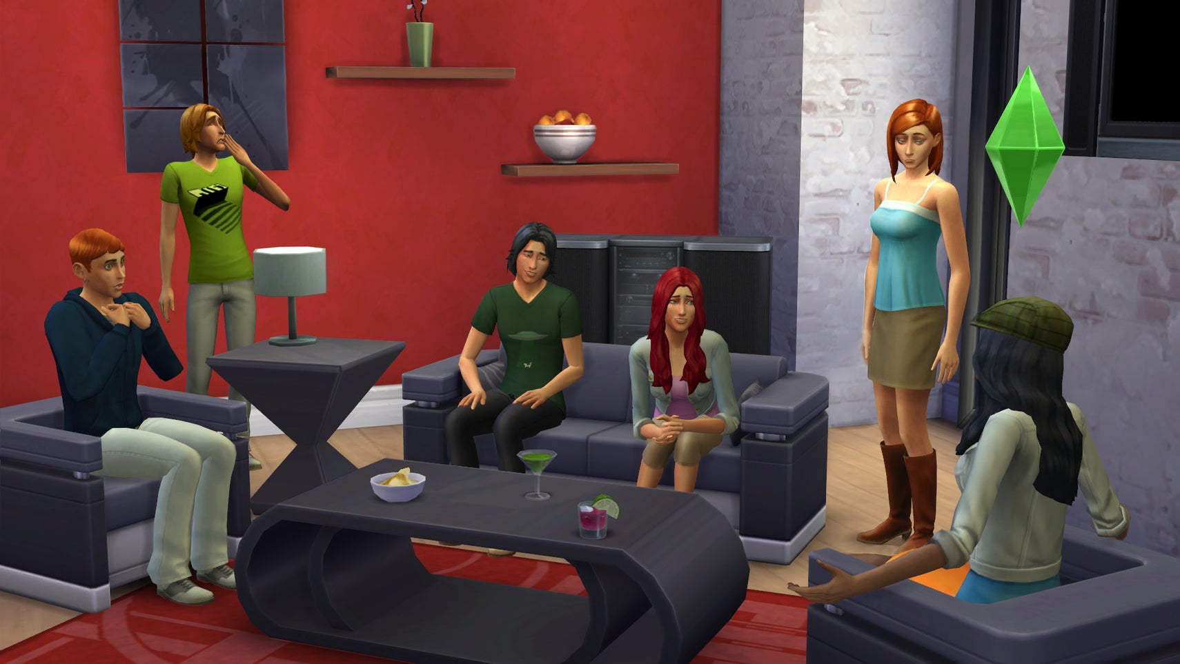A group of Sims chatting in a modern living room setting. - 1