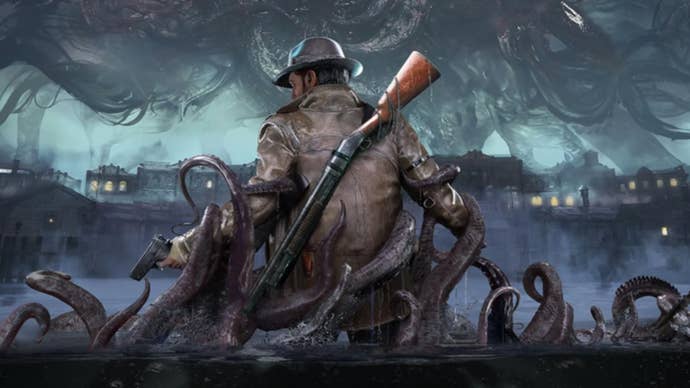 The Sinking City 2 artwork showing a hardboiled detective with his back to the camera, standing in dark waters as a mass of tentacles wrap around his limbs. In the distance, a shoreline of illuminated houses can be glimpsed beneath a foreboding sky.