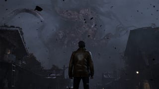 A screenshot from the reveal trailer for The Sinking City 2, showing a man from behind as he looks up as a huge monster