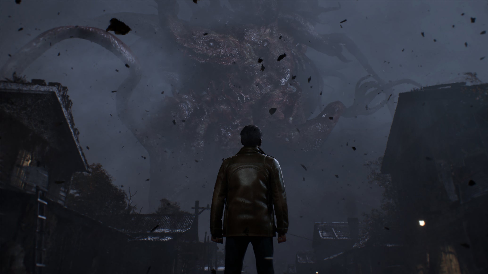 A screenshot from the reveal trailer for The Sinking City 2, showing a man from behind as he looks up as a huge monster - 1