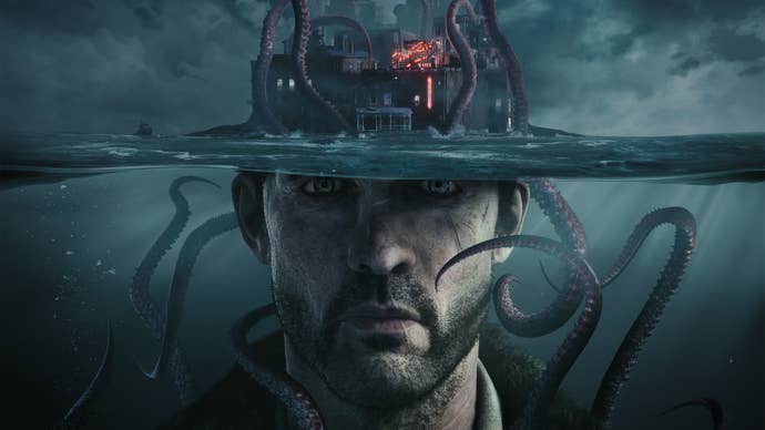 The Sinking City Remastered promotional art showing protagonist Charles Reed submerged underwater. His trilby hats sits on his head above the water, but resembles a forboding city engulfed by tentacles.