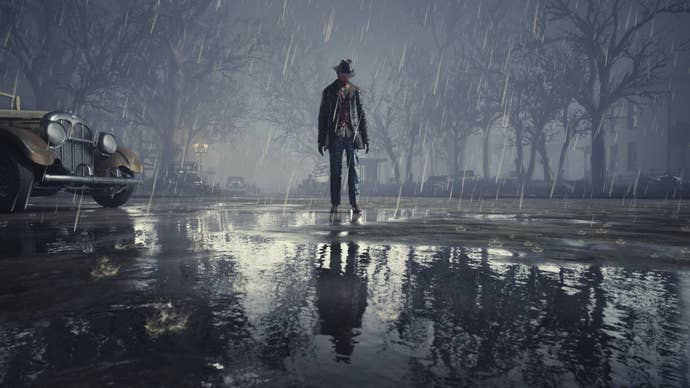 A antheral stands by a shiny spot of h2o successful The Sinking City Remastered.
