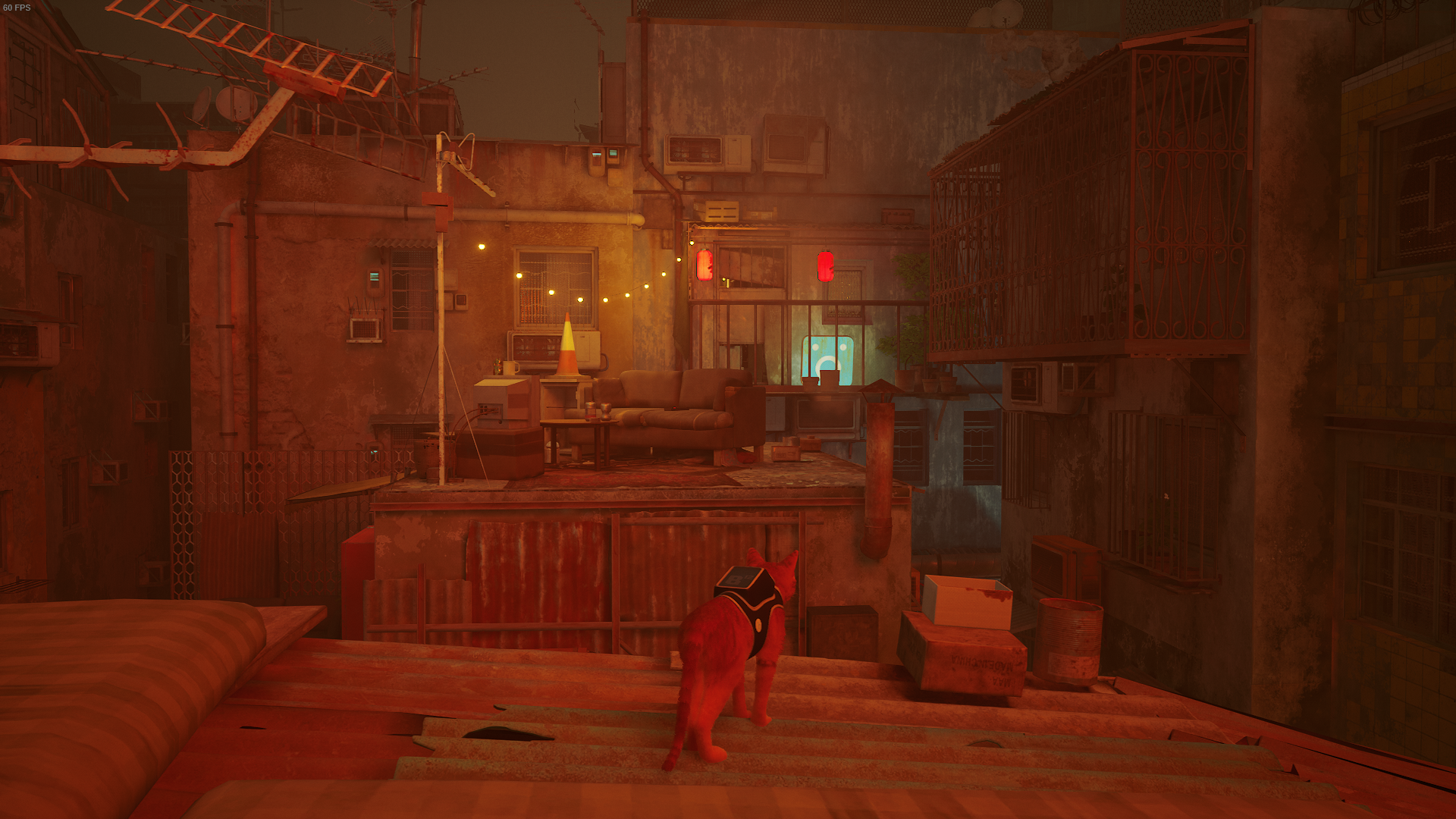 The Outsider looks in the direction of the library in Stray.