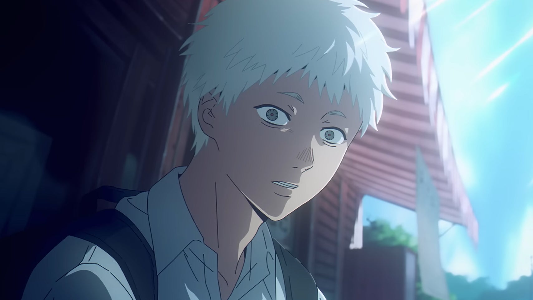 A white haired teen boy with a scared expression on his face from the anime The Summer Hikaru Died. - 1