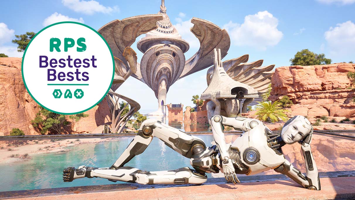 A robot lies leisurely on the ground in front of a vast egg-like structure in a watery, desert oasis canyon in The Talos Principle 2