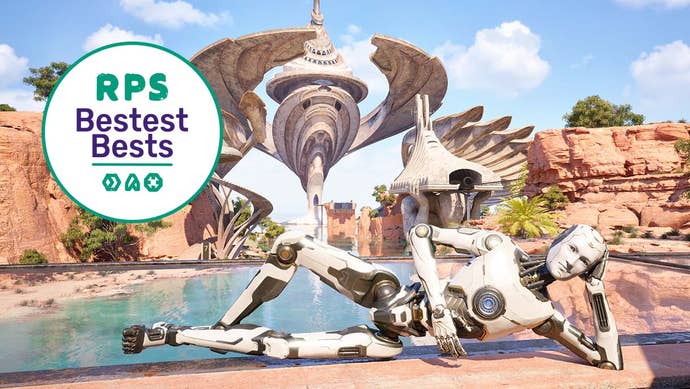 A robot lies leisurely on the ground in front of a vast egg-like structure in a watery, desert oasis canyon in The Talos Principle 2