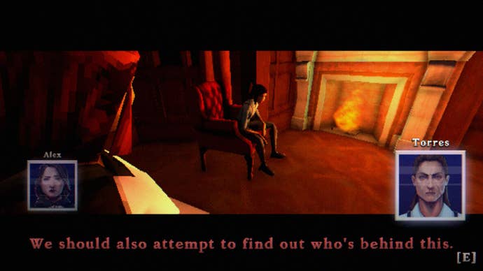 Alex, protagonist of The Tartarus Key, talks to Torres, who is sitting by the fire. She’s saying ‘We should also attempt to find out who’s behind this.'