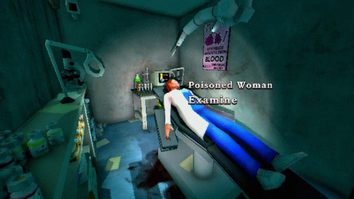 A woman lies in a dirty medical room, on an examination bed, in puzzle thriller The Tartarus Key. She is labelled as ‘poisoned woman’