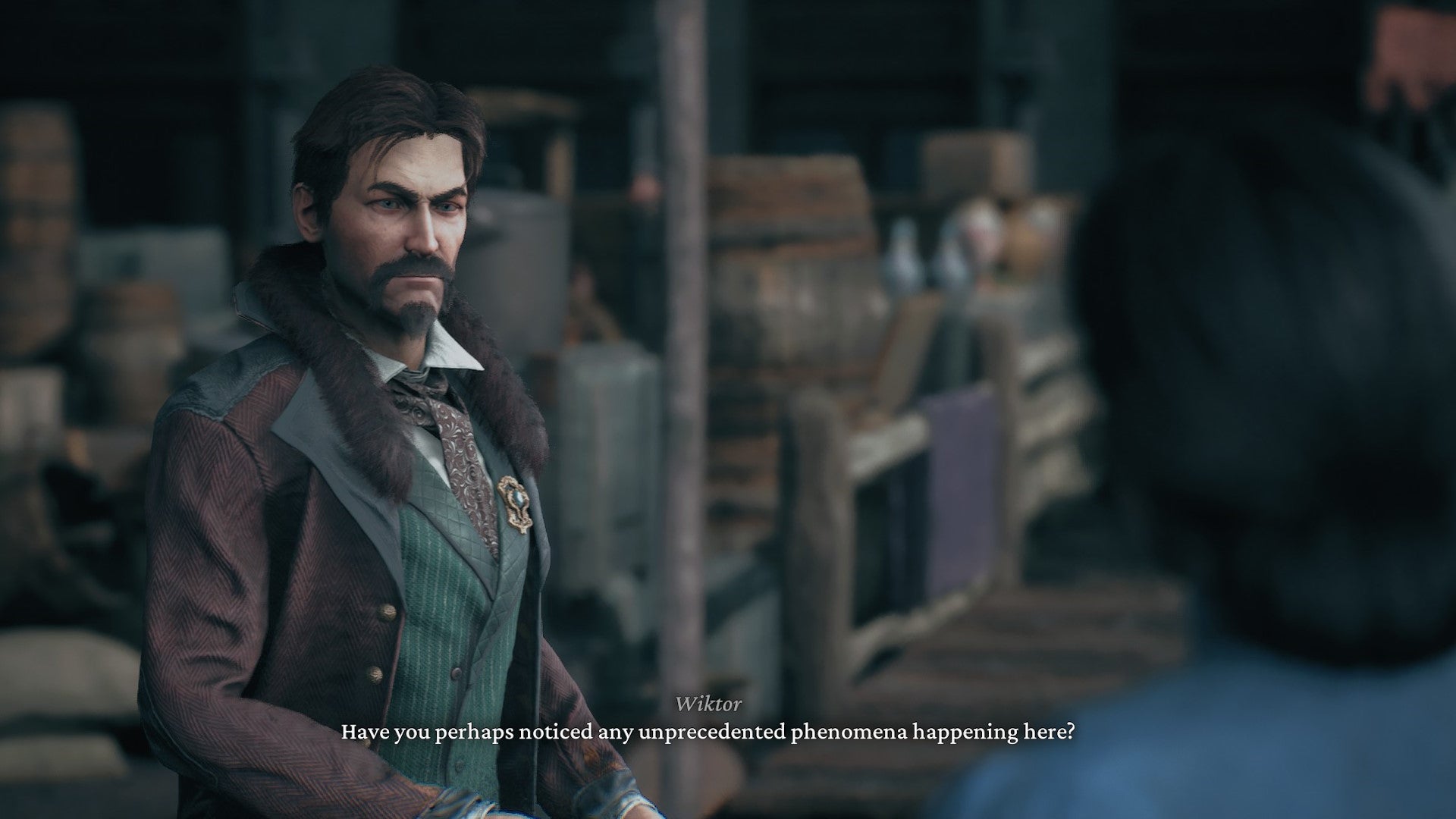 A bearded man asks a woman at a market whether she&rsquo;s seen anything unusual lately in The Thaumaturge