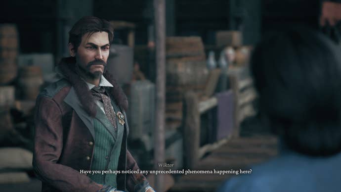 A bearded man asks a woman at a market whether she’s seen anything unusual lately in The Thaumaturge