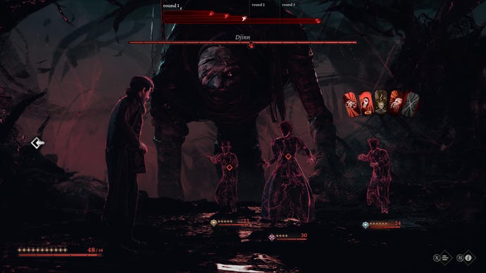 A man fights three shadow humans while a large monster looms in the background in The Thaumaturge