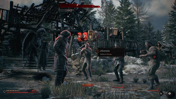 A man fights three soldiers in the ruins of a snowy, burned home in The Thaumaturge