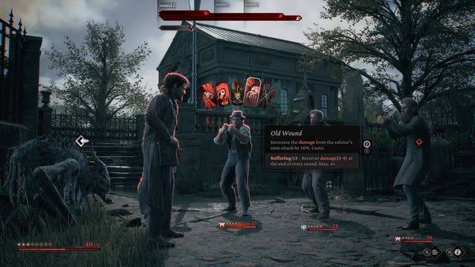 A man fights three thugs outside a mausoleum in The Thaumaturge