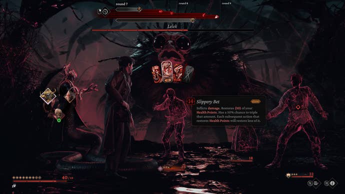 A man fights several shadow people while a bird-like monster looks on in the background in The Thaumaturge