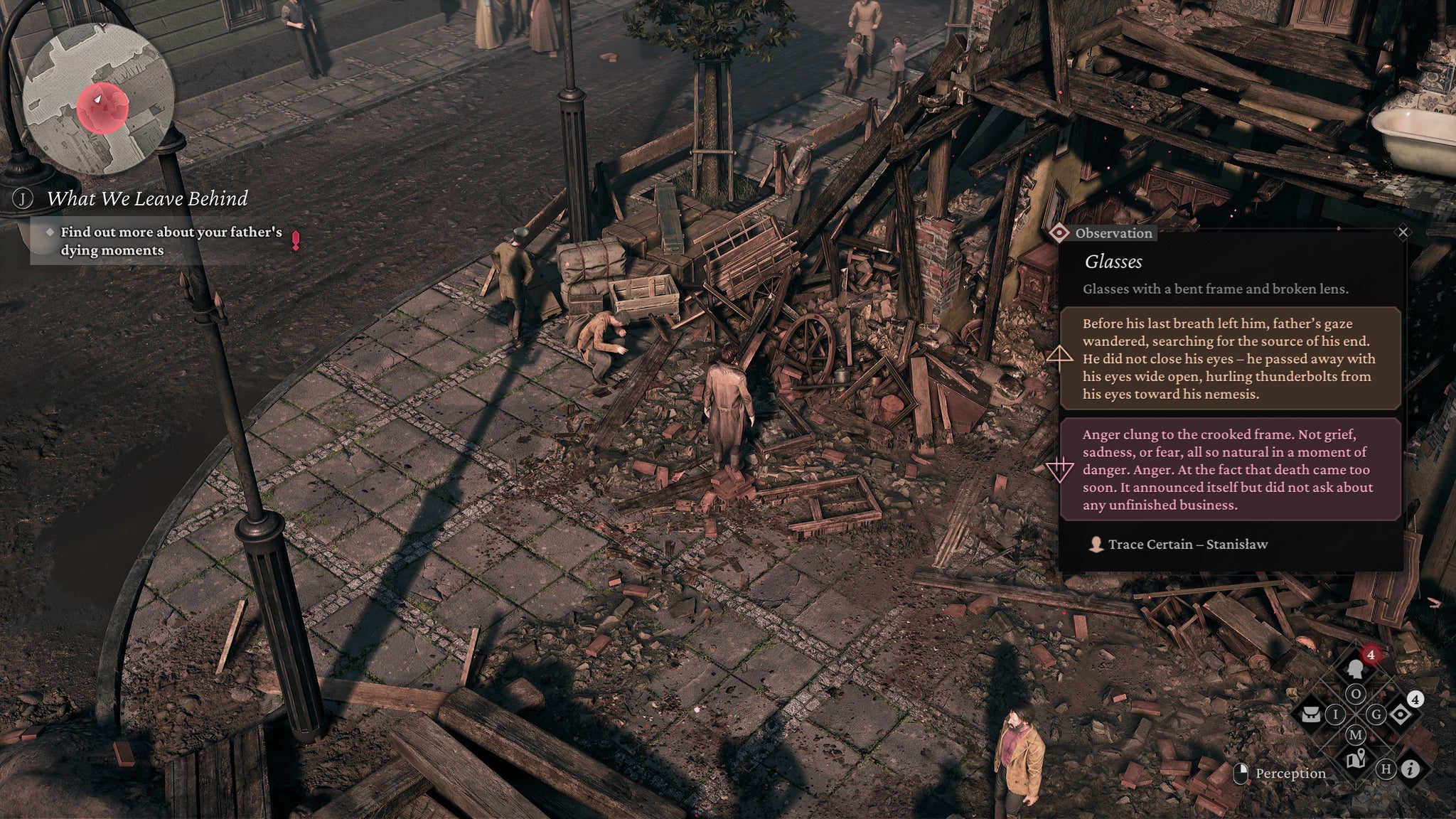 A man approaches a fallen building on the streets of Warsaw in The Thaumaturge - 3