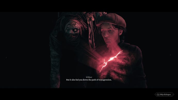 A young woman reveals a glowing red streak across their chest as a monster appears over their shoulder in The Thaumaturge